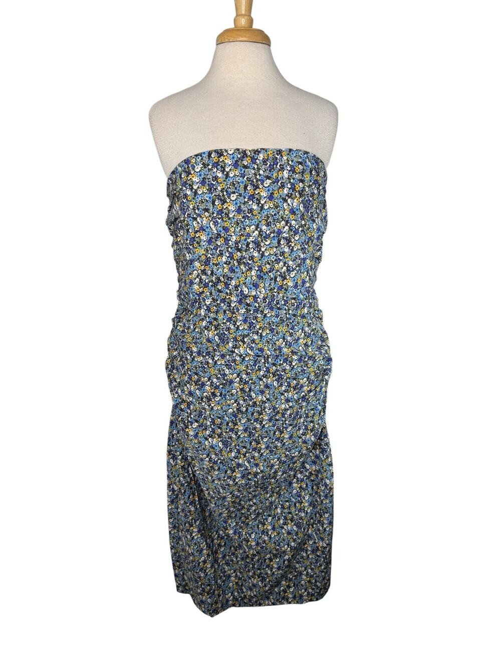 BY ANTHROPOLOGIE *NEW* Soleil Slim Strapless Ruched Dress Blue Motif Floral XL